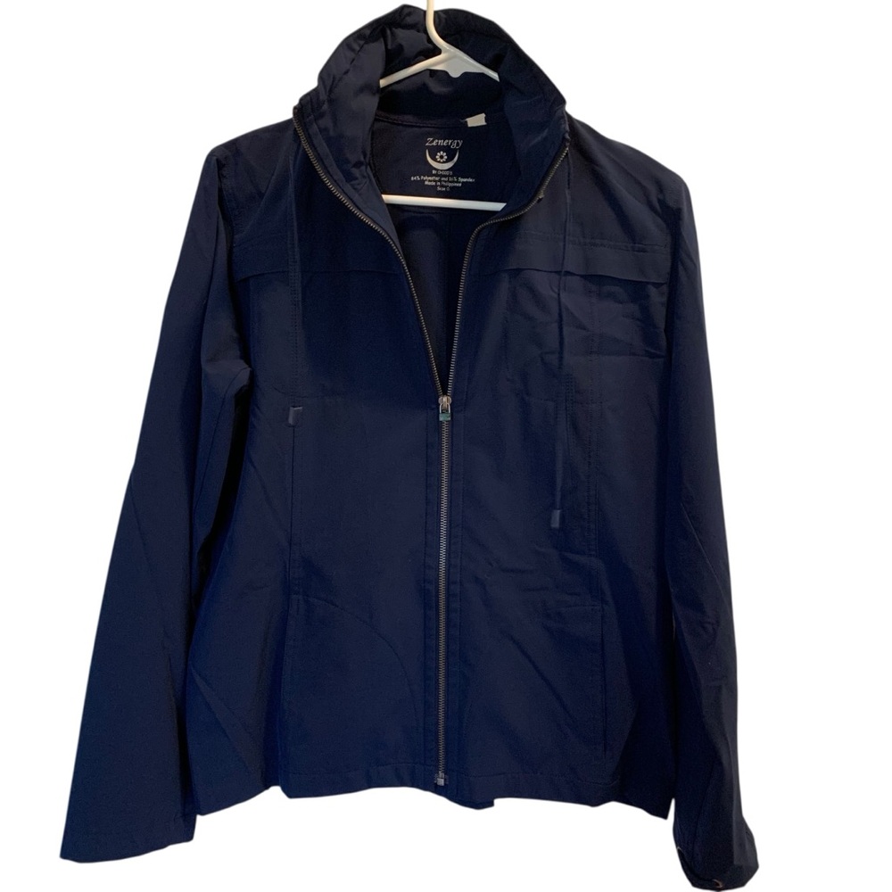 Chico’s Zenergy Jacket Navy Zip Front with Hidden Hood Small Size 4